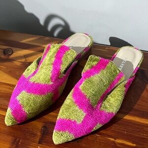 Pointed Slip-On Mules in Pink and Green